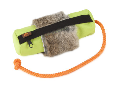 Firedog Futterdummy klein neongrün mit Kaninchenfellring